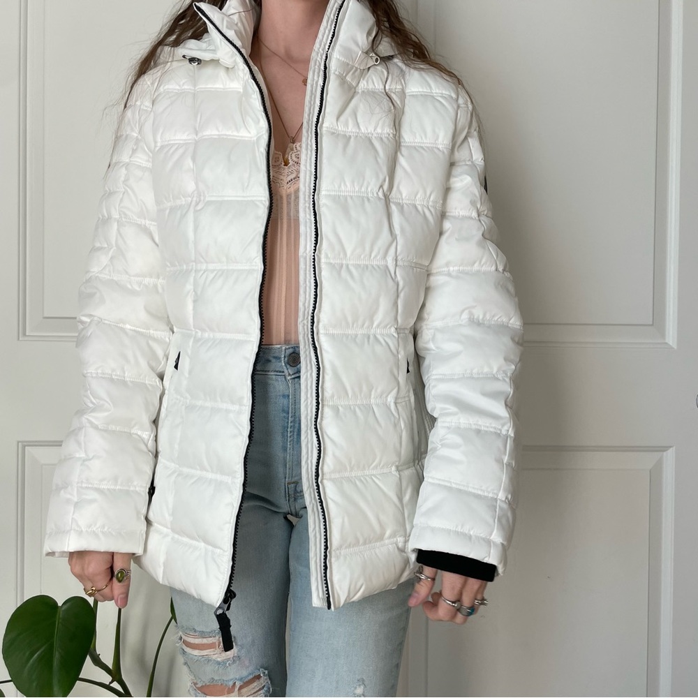 Nautica White Puffer Jacket Long Warm Thick Zip Up Water Resistant Utility